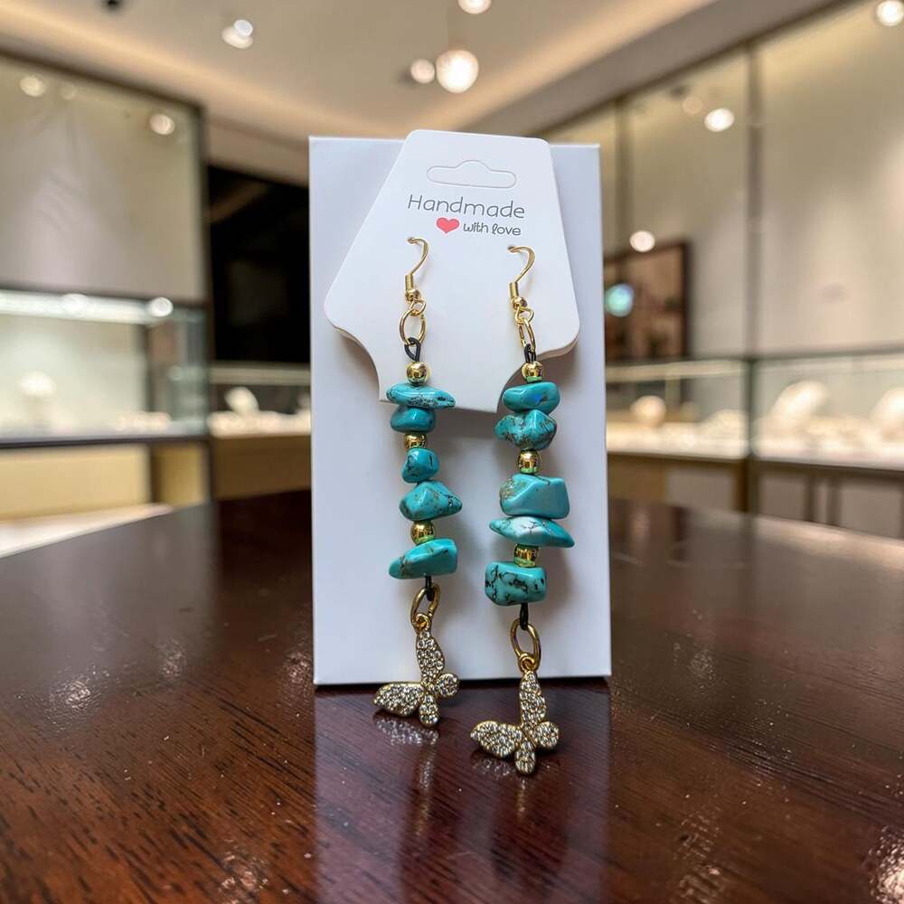 Handmade Turquoise Chip Bead Dangle Earrings with Crystal Butterfly Charms
